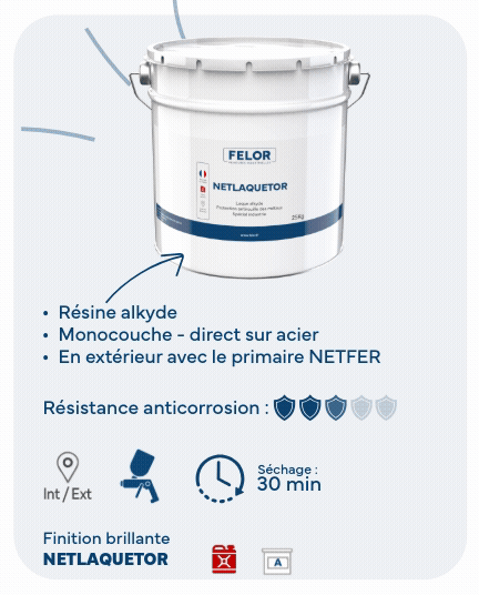 Laque de finition monocouche alkyde antirouille pour métal - Toutes teintes - NETLAQUETOR