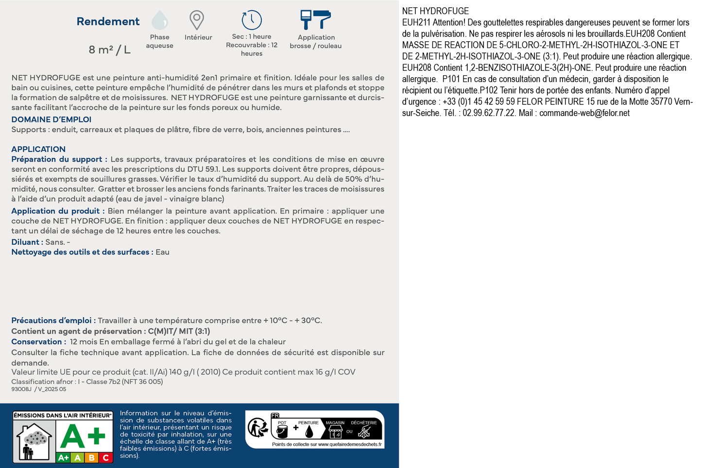 Peinture anti-humidité 2en1 pour murs et plafonds intérieurs, spécial salle de bain - NET HYDROFUGE