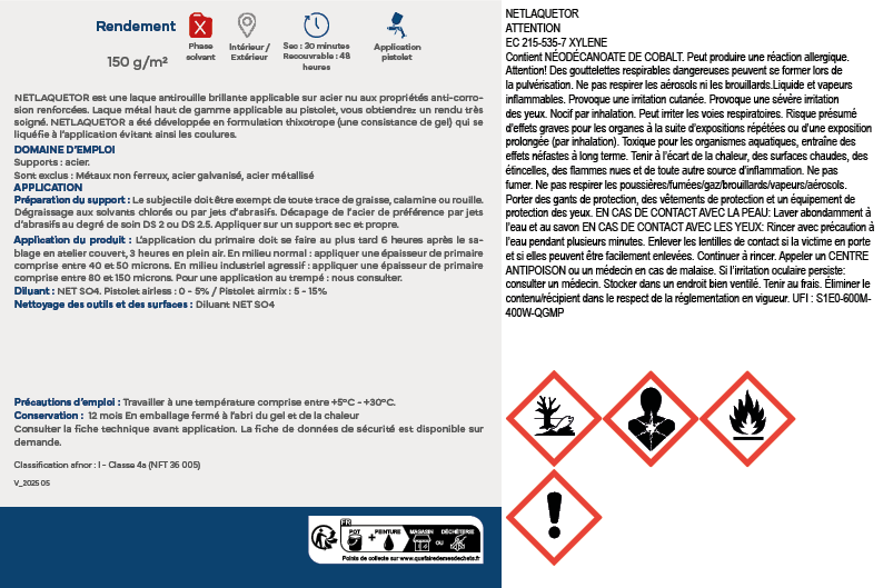 Laque de finition monocouche alkyde antirouille pour métal - Toutes teintes - NETLAQUETOR