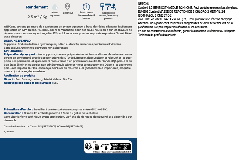 Peinture pour façade hydrofuge à base de résine siloxane film mince Autres teintes - NETOXIL