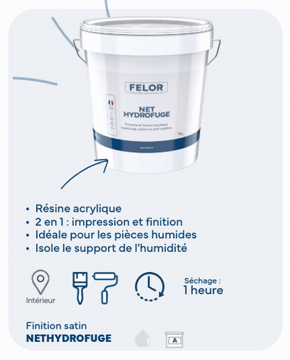 Peinture anti-humidité 2en1 mur et plafond intérieur, spécial salle de bain - blanc - NET HYDROFUGE