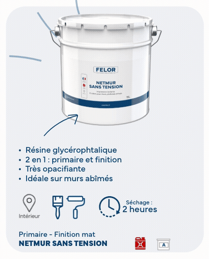 Peinture 2 en 1 impression et finition isolante pour murs abîmés, plafonds, boiseries - Blanc - NETMUR SANS TENSION