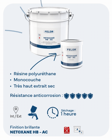Laque de finition monocouche polyuréthane anticorrosion pour métal - toutes teintes - NETOXANE HB - AC