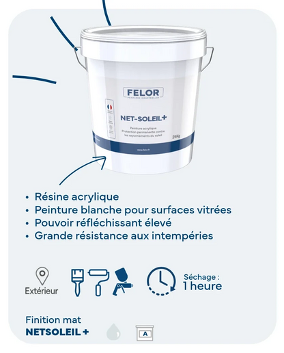 Peinture permanente anti-chaleur pour verrières, vérandas, ateliers - NETSOLEIL +